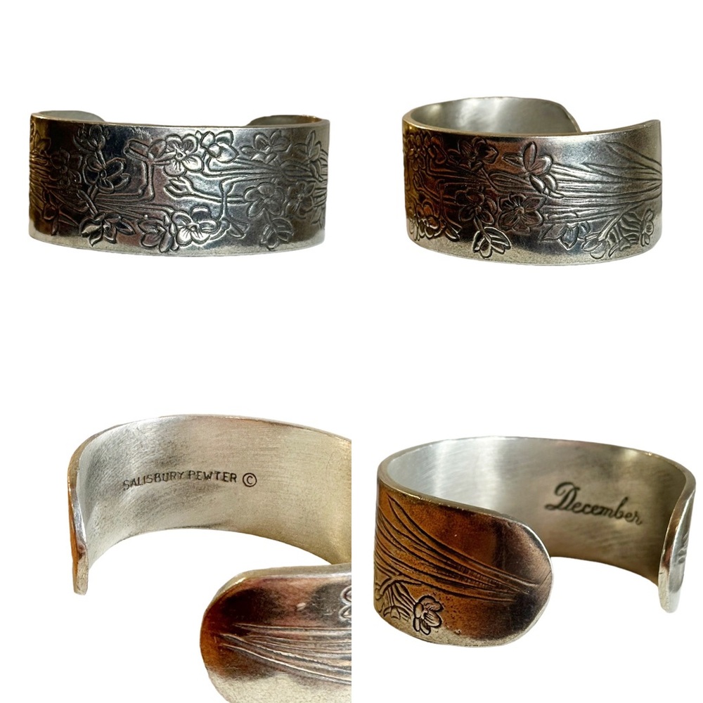 Vintage Salisbury Pewter December Flower Of The Month Engraved Cuff Bracelet
